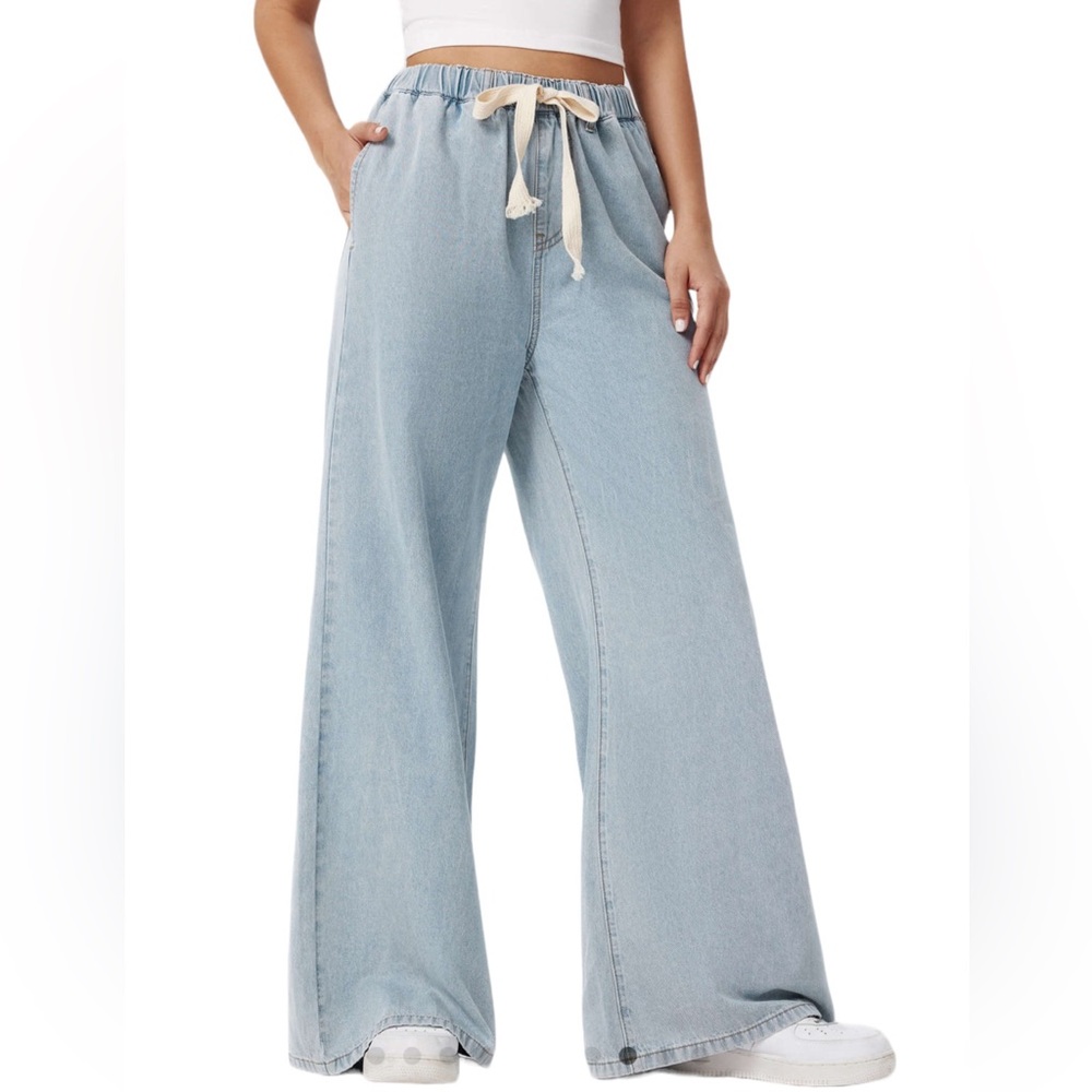 Cider Leslie High Waisted Solid Tie Front Wide Leg Jeans Light Denim Size L